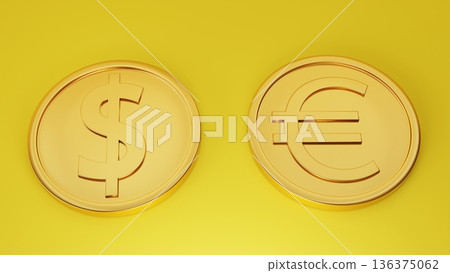 Dollar and euro gold coins on a yellow background Asset management 136375062