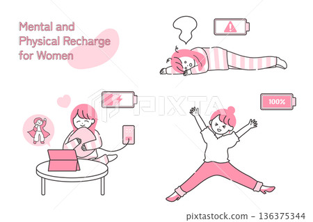 A woman undergoing mental recovery | Illustration set showing mental and physical recharge status A woman undergoing mental recovery | Illustration set showing mental and physical recharge status 136375344