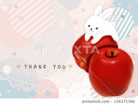 A postcard with a cute illustration of an apple and a rabbit 136375366