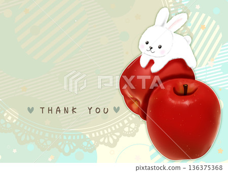 一張明信片，上面畫著可愛的蘋果和兔子。 136375368