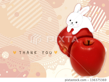 A postcard with a cute illustration of an apple and a rabbit 136375369