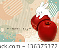 A postcard with a cute illustration of an apple and a rabbit 136375372