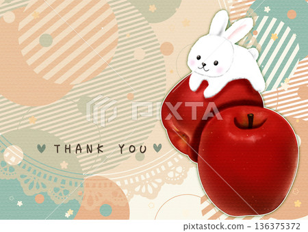 一張明信片，上面畫著可愛的蘋果和兔子。 136375372