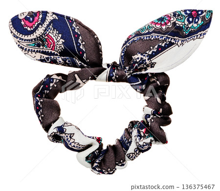 Paisley patterned scrunchie with ribbon (hair accessory) cut out on white background Paisley patterned scrunchie with ribbon (hair accessory) cut out on white background 136375467