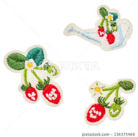 一組可愛的刺繡貼片,圖案包括剪紙草莓、澆水壺和花朵,底色為白色。 一組可愛的刺繡貼片,圖案包括剪紙草莓、澆水壺和花朵,底色為白色。 136375469