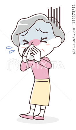 Illustration of a senior woman blowing her nose (cold, runny nose, hay fever) 136375711