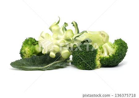 Fresh broccoli florets and stem pieces arranged on a clean white background Fresh broccoli florets and stem pieces arranged on a clean white background 136375718