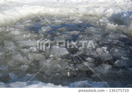 Close-up view of broken ice chunks floating in dark water during winter Close-up view of broken ice chunks floating in dark water during winter 136375720