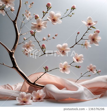 春日陽光下，櫻花枝條和淡色布料隨風搖曳。 136376206