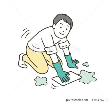 Illustration of a man wearing rubber gloves wiping the floor with a rag Illustration of a man wearing rubber gloves wiping the floor with a rag 136376208