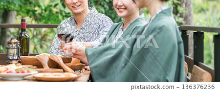 Young men and women in yukatas visiting a hot spring inn toasting with wine (company trip, travel) 136376236