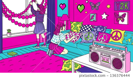 女孩們正在裝飾她們充滿活力的Y2K房間 136376444
