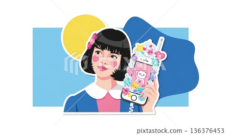 平成時代的時尚女孩，手持裝飾精美的手機 136376453