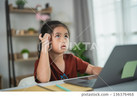Young girl with frustrated expression sitting at a desk with laptop and stationery during a study session at home, showcasing student struggles and concentration issues Young girl with frustrated expression sitting at a desk with laptop and stationery during a study session at home, showcasing student struggles and concentration issues 136376468