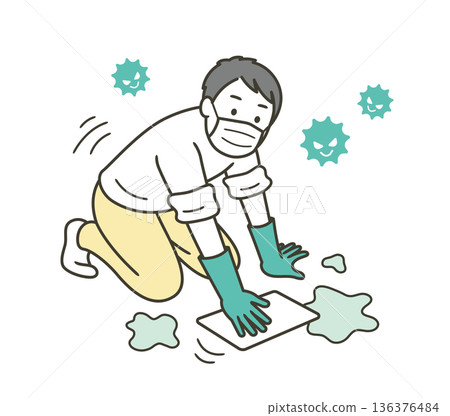 Illustration of a man wearing rubber gloves wiping the floor with a rag 136376484