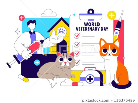 World Veterinary Day Vector Illustration Celebrating Dedicated Veterinarians Protecting Animal Health Welfare Through Flat Cartoon Style Background World Veterinary Day Vector Illustration Celebrating Dedicated Veterinarians Protecting Animal Health Welfare Through Flat Cartoon Style Background 136376489