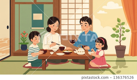 一家人圍坐在溫暖的餐桌旁 136376526