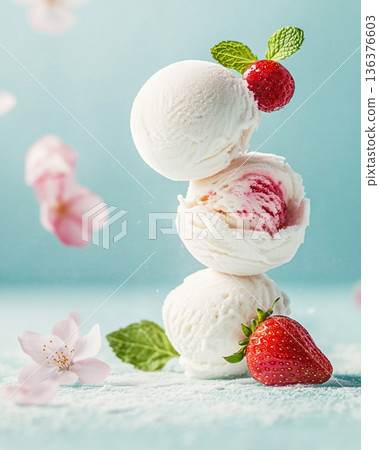 櫻花花瓣、草莓和冰淇淋人工智慧圖像 櫻花花瓣、草莓和冰淇淋人工智慧圖像 136376603