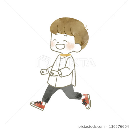 微笑男孩奔跑 - 水彩畫 136376604
