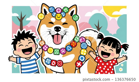 笑容燦爛的柴犬和精力充沛的孩子們 136376650