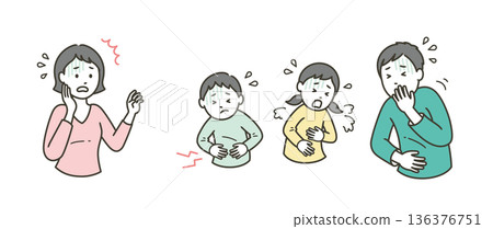 一位母親在一位家庭成員出現與諾羅病毒相關的胃痛和嘔吐症狀後驚慌失措。 一位母親在一位家庭成員出現與諾羅病毒相關的胃痛和嘔吐症狀後驚慌失措。 136376751