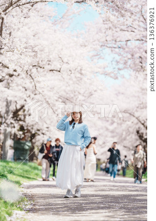 Woman tourist sightseeing Kitakami Tenshochi Park with Sakura Cherry Blossom in Spring, traveler travel in Kitakami festival, Iwate prefecture, Japan. Landmark for Travel and Vacation destination 136376921