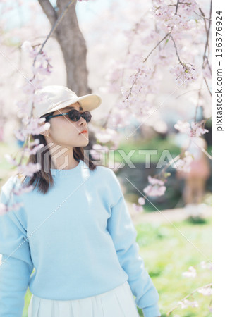 Woman tourist sightseeing Kitakami Tenshochi Park with Sakura Cherry Blossom in Spring, traveler travel in Kitakami festival, Iwate prefecture, Japan. Landmark for Travel and Vacation destination 136376924