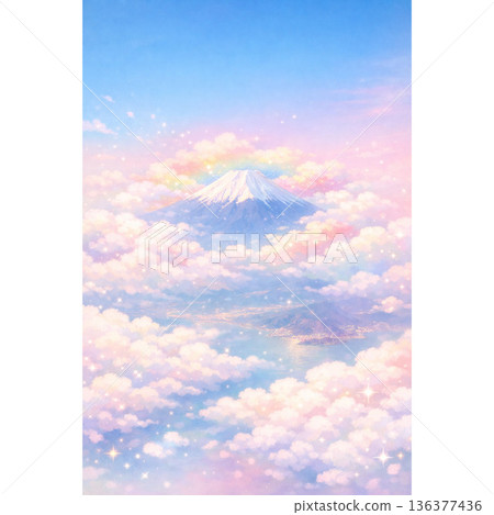 A pastel-colored illustration of a fantastic Mt. Fuji towering over a sea of clouds and rainbow-colored clouds 136377436