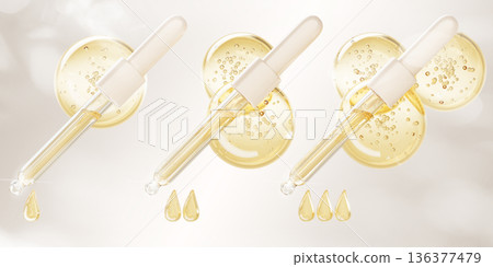 Glass pipette 3D set with one, two, three golden drops and puddles of oil or serum. Render dropper, yellow liquid texture with bubbles and droplets for cosmetic, medical or science. 3D illustration 136377479