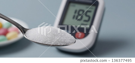 Excessive Sugar Intake with High Blood Sugar Monitor Diabetes Risk Concept 136377495