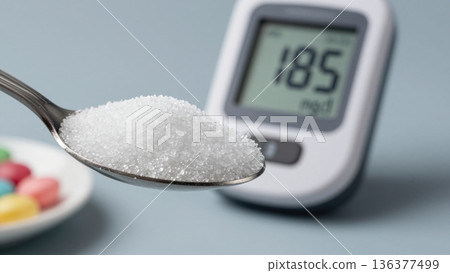 Excessive Sugar Intake with High Blood Sugar Monitor Diabetes Risk Concept 136377499
