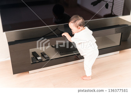 Baby standing up in the living room at home (walking, growth, development) Baby standing up in the living room at home (walking, growth, development) 136377581