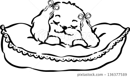Cozy home happy cavoodle dog outline sleeping on big pillow hand drawn Cozy home happy cavoodle dog outline sleeping on big pillow hand drawn 136377589