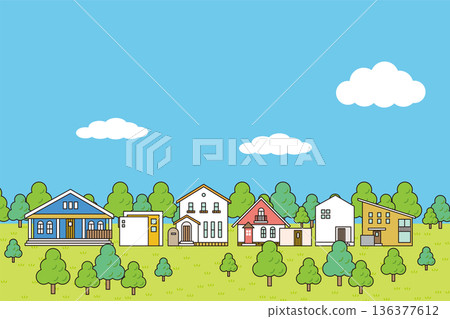 A landscape of stylish Western-style houses and a refreshing blue sky. Main lines included. 136377612