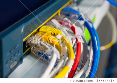 Multiple network cables connected to router or switch, showing wired internet, IT system and communication infrastructure 136377817