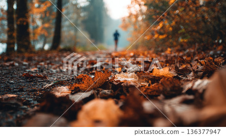 Autumn forest path fallen leaf trail runner orange foliage jogger morning light outdoor exercise nature blur peaceful mood 136377947