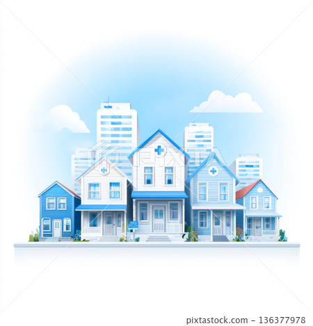 Community clinic houses healthcare neighborhood, medical home building, urban hospital city background modern wellness care 136377978