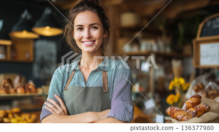 Woman baker bakery apron small business smile pastry croissant cafe female barista confident baker smiles cozy bakery surrounded by fresh pastry 136377980