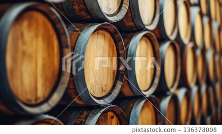 Old wine cellar wooden barrel storage rustic oak cask aging traditional winery background pattern warm vintage wood texture atmosphere 136378008