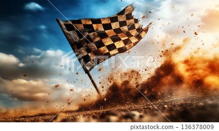 Checkered flag victory race car celebration dirt racing speed winning finish line flying dust cloud dramatic motion scene motorsport competition 136378009