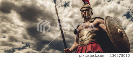 Roman warrior ancient soldier greek land spear shield battlefield armor dramatic sky heroic historical gladiator helmet plume bronze breastplate 136378010