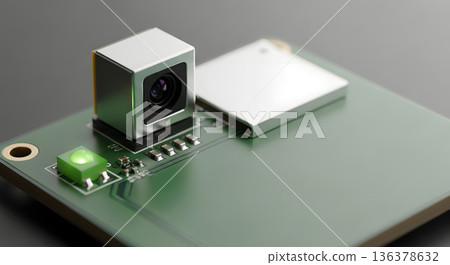 Close up of a tiny camera module on a green circuit board with LED light 136378632