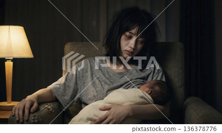 一位頭髮凌亂的日本母親在深夜昏暗的房間裡為嬰兒哺乳，看起來十分疲憊。 136378776