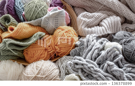 Different yarn for knitting in pastel and bright colors. Different yarn for knitting in pastel and bright colors. 136378899