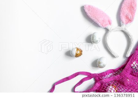 Festive Easter background with eggs and string bag, copy space. Festive Easter background with eggs and string bag, copy space. 136378951
