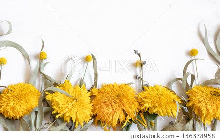 Autumn flat lay composition with sunflowers on a white background. 136378958