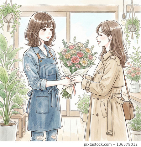 Illustration of a woman receiving a bouquet Illustration of a woman receiving a bouquet 136379012