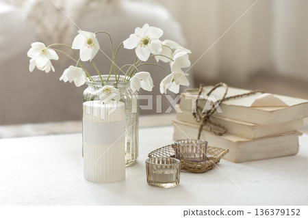 Spring composition with details of home decor in the interior of the room. Spring composition with details of home decor in the interior of the room. 136379152