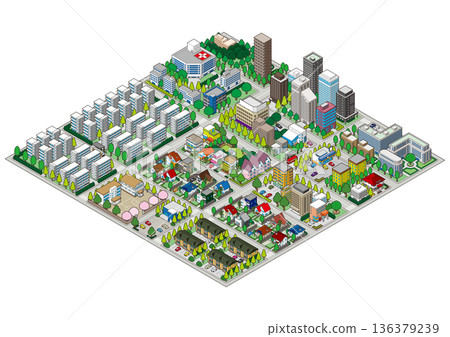 城市景觀。城市景觀。等距城市景觀。 136379239