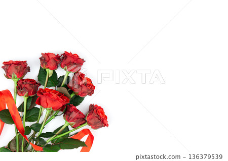 Bouquet of red roses on a white background, flat lay, copy space. Bouquet of red roses on a white background, flat lay, copy space. 136379539